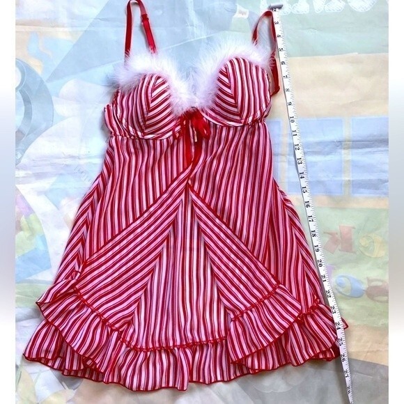 Inner Secrets Red White Stripe Feather Trim Babydoll Nightie Lingerie Sz S - Picture 7 of 12